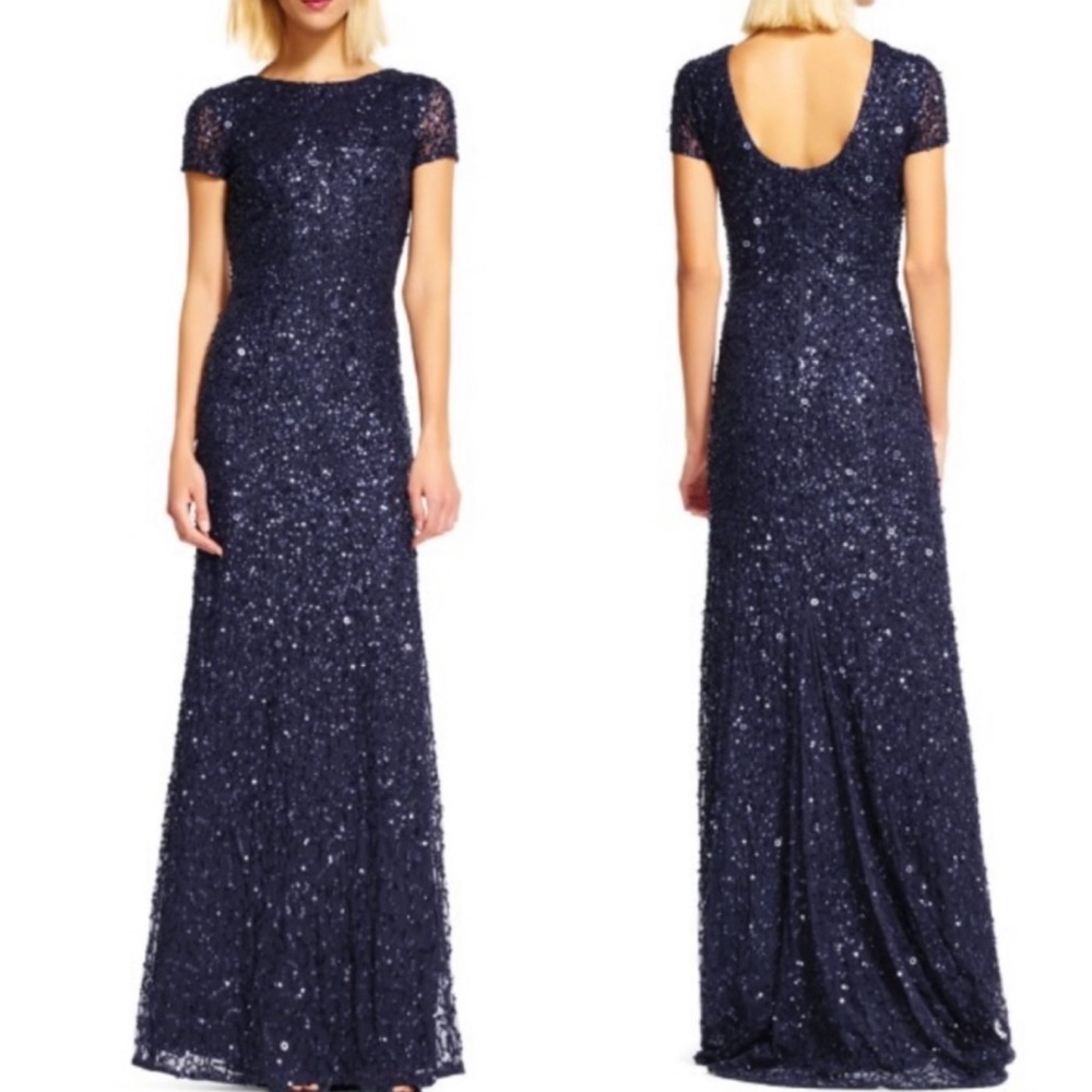 Adrianna Papell Sequin Beaded Gown Navy 10
